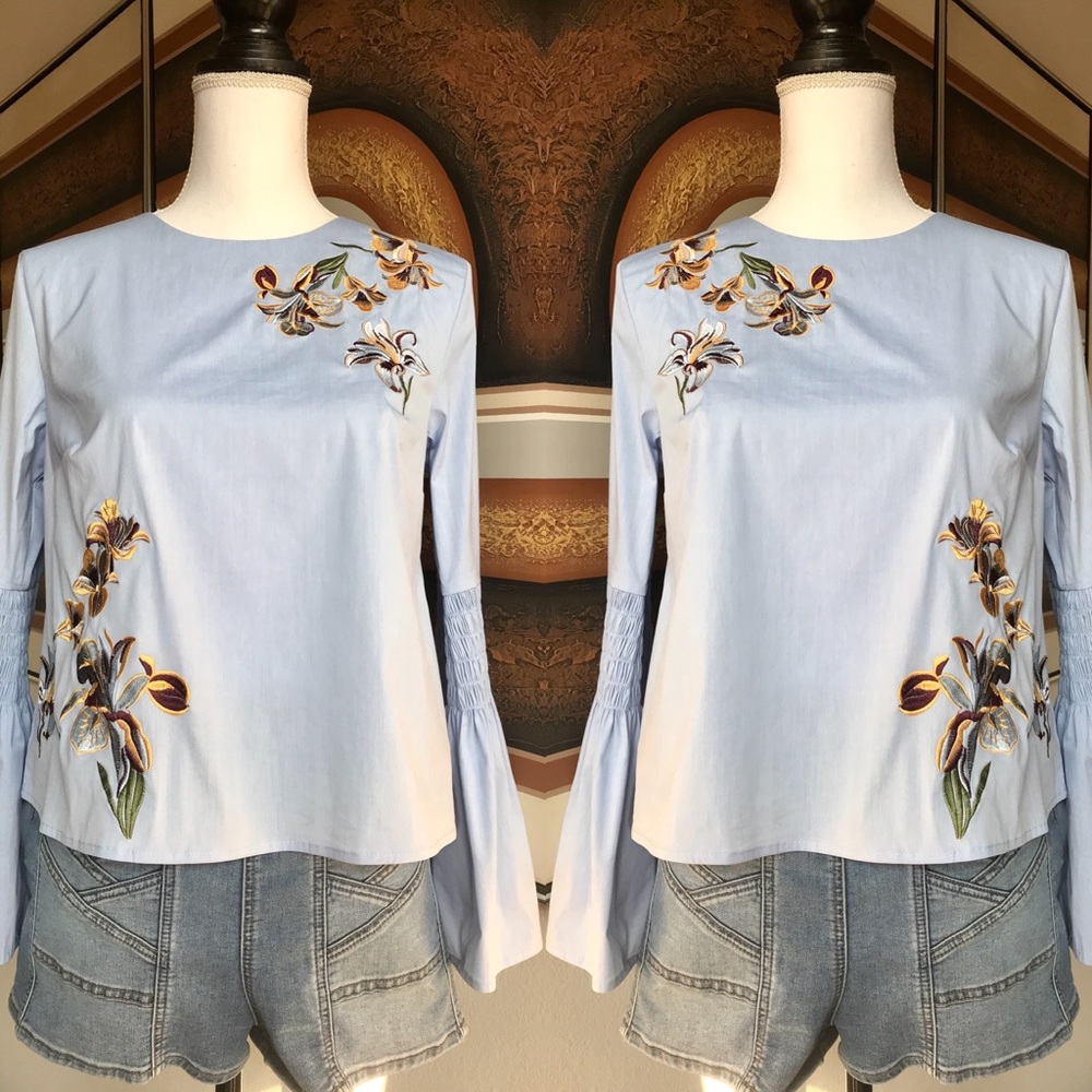 DONATING Last Chance! Catherine Malandrino Blue Reed Bell-Sleeve Top Med - Picture 8 of 8